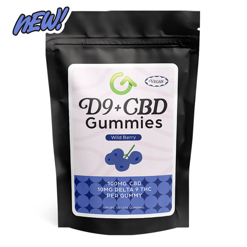 Wildberry Delta 9 THC CBD Gummies, 10mg THC + 100mg CBD, vegan, 1lb bag, Farm Bill-compliant, made in a GMP-certified facility.
