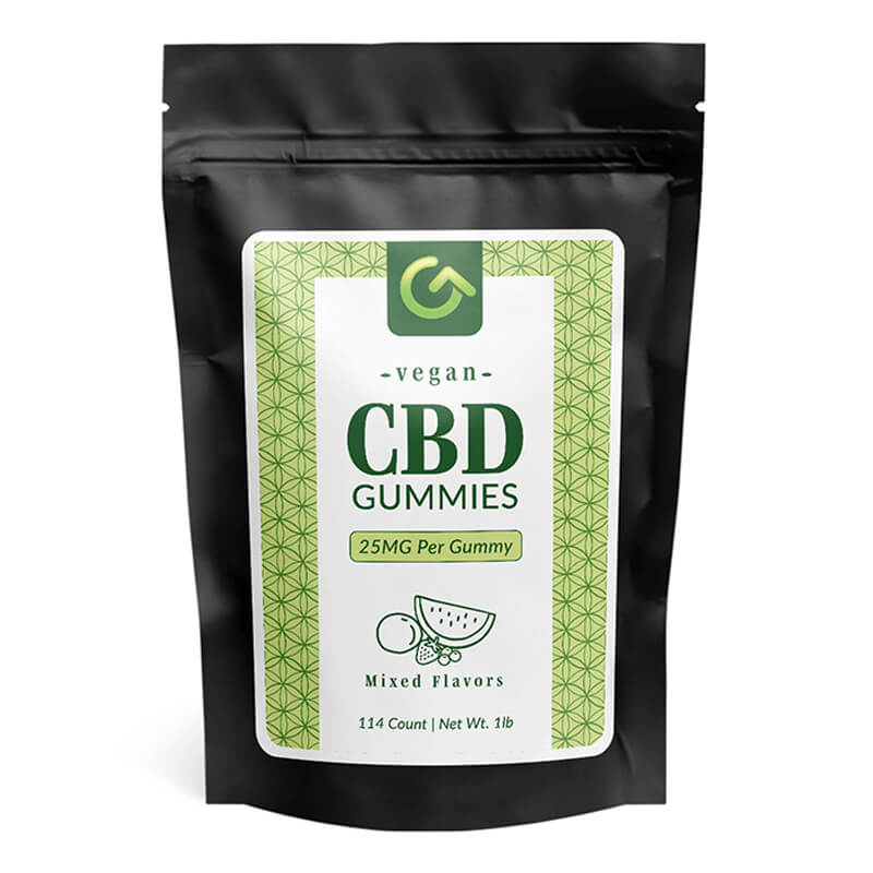 Image of a bag filled with 114 vegan CBD gummies, highlighting the large quantity and plant-based ingredients.