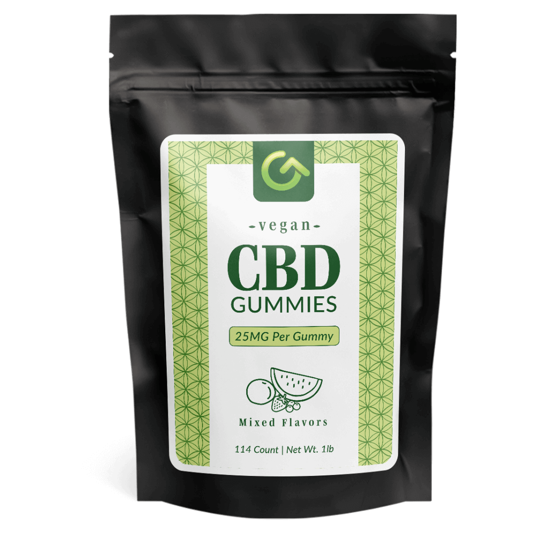 Image of a bag filled with 114 vegan CBD gummies, highlighting the large quantity and plant-based ingredients.