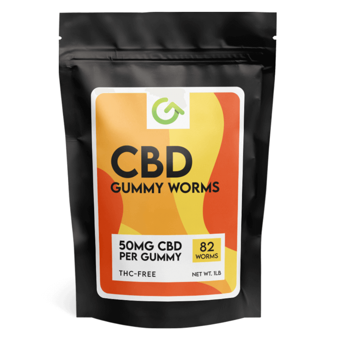 A colorful bag of 50mg CBD Gummy Worms, showcasing a mix of Blue Raspberry, Lemon, Orange, Cherry, and Green Apple flavors, highlighting its wellness benefits.