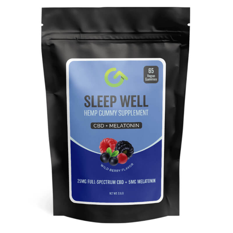 Pouch of CBD Sleep Gummies with 25mg CBD and 5mg melatonin per Gummy, wild berry flavor, vegan-friendly, and lab-tested.