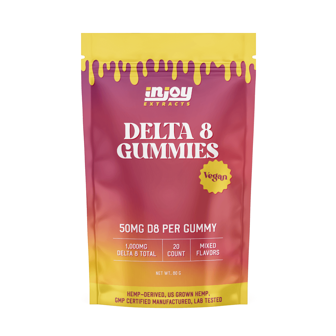 50mg delta 8 gummies are vegan, come with 20 gummies per bag and are mixed flavors