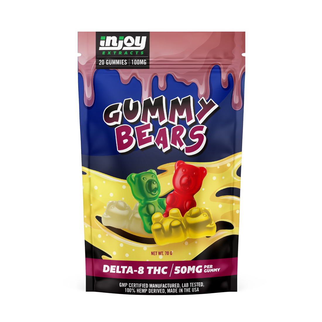 50mg delta 8 gummy bears from injoy extracts come with 20 bears per pack and have mixed fruit flavors