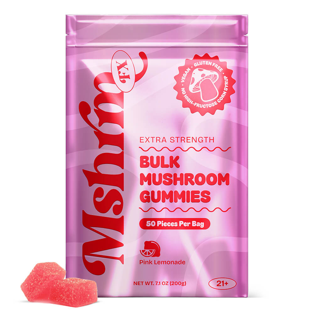 Pink Lemonade: MshrooM FX Extra Strength Bulk Mushroom Gummies Pink Lemonade 50ct — citrus nootropic gummies in resealable bag
