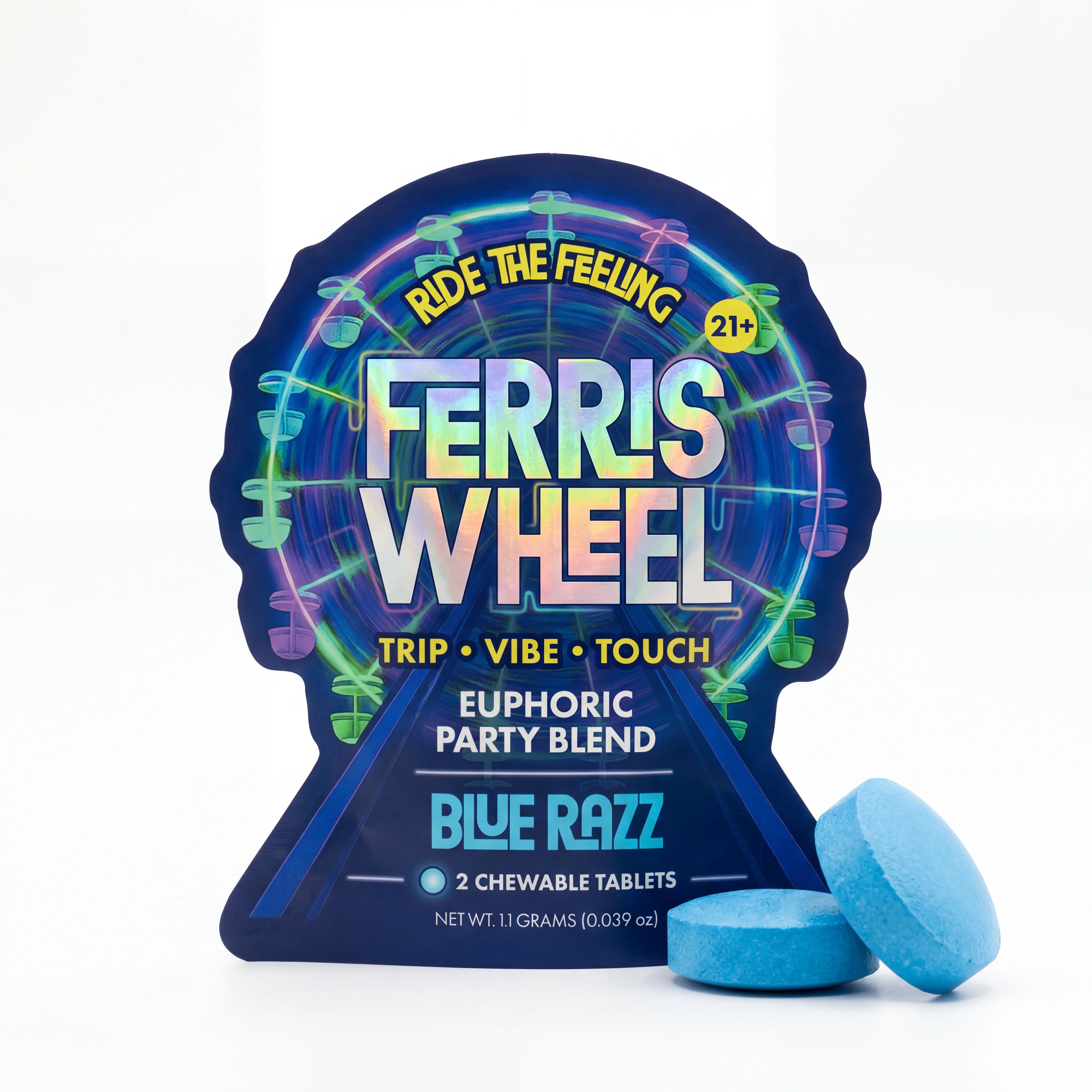Ferris Wheel Blue Razz Kanna nootropic party blend tablet packaging with a carnival ferris wheel graphic and blue raspberry-themed design, available at GoodCBD.