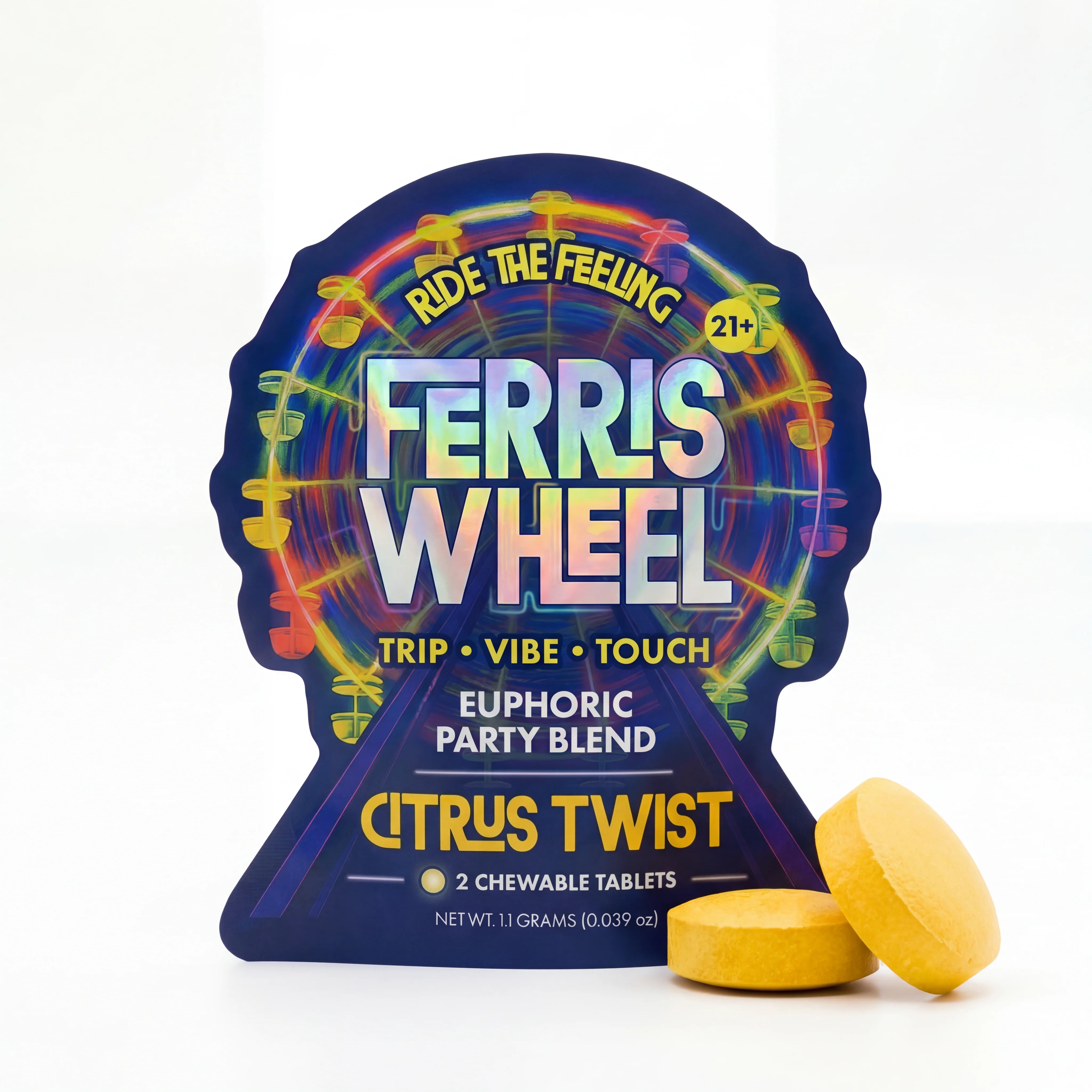 Ferris Wheel Citrus Twist Kanna nootropic party blend tablet packaging with carnival ferris wheel graphic and citrus orange yellow themed design available at GoodCBD.