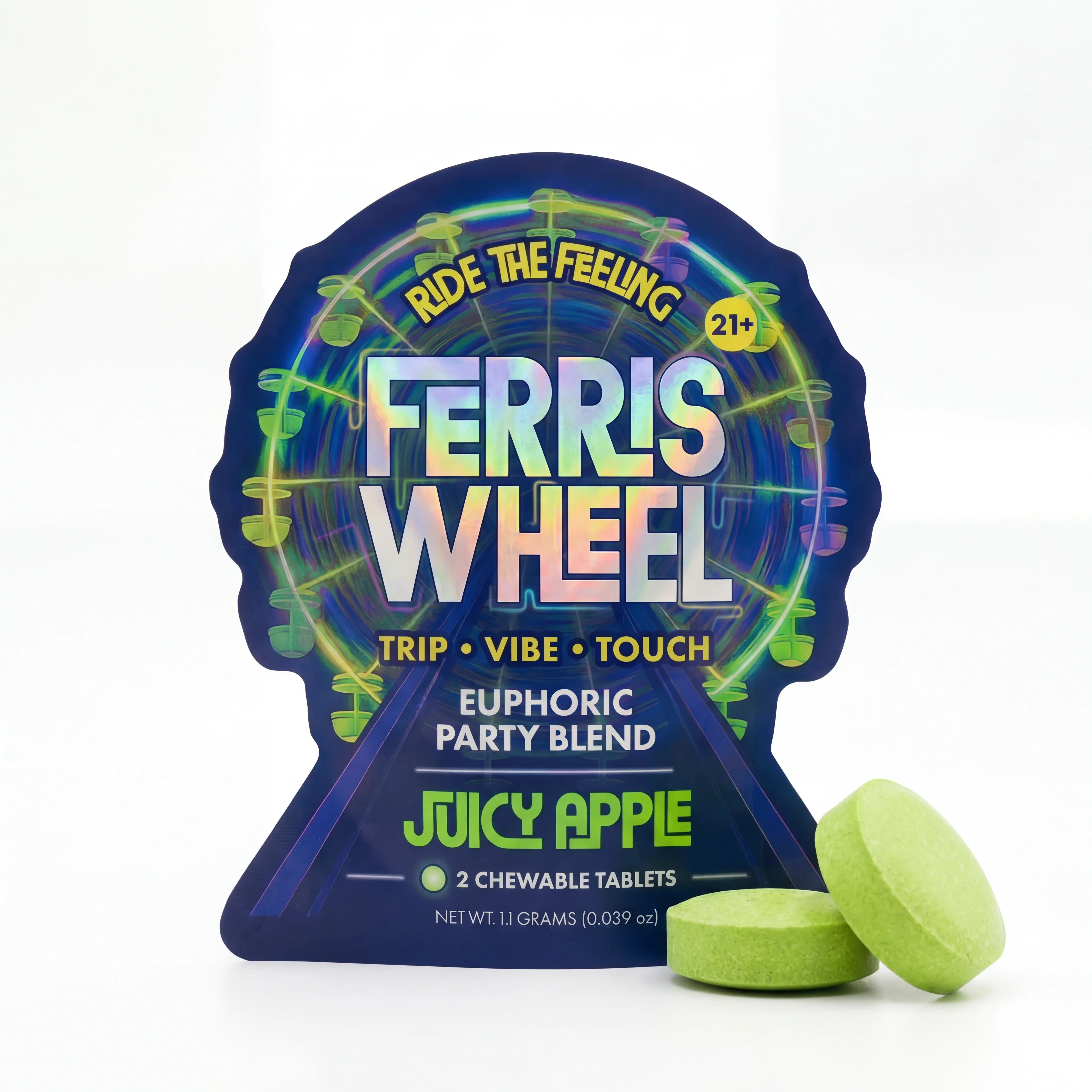 Ferris Wheel Juicy Apple Kanna nootropic party blend tablet packaging with carnival ferris wheel graphic and green apple themed design available at GoodCBD.