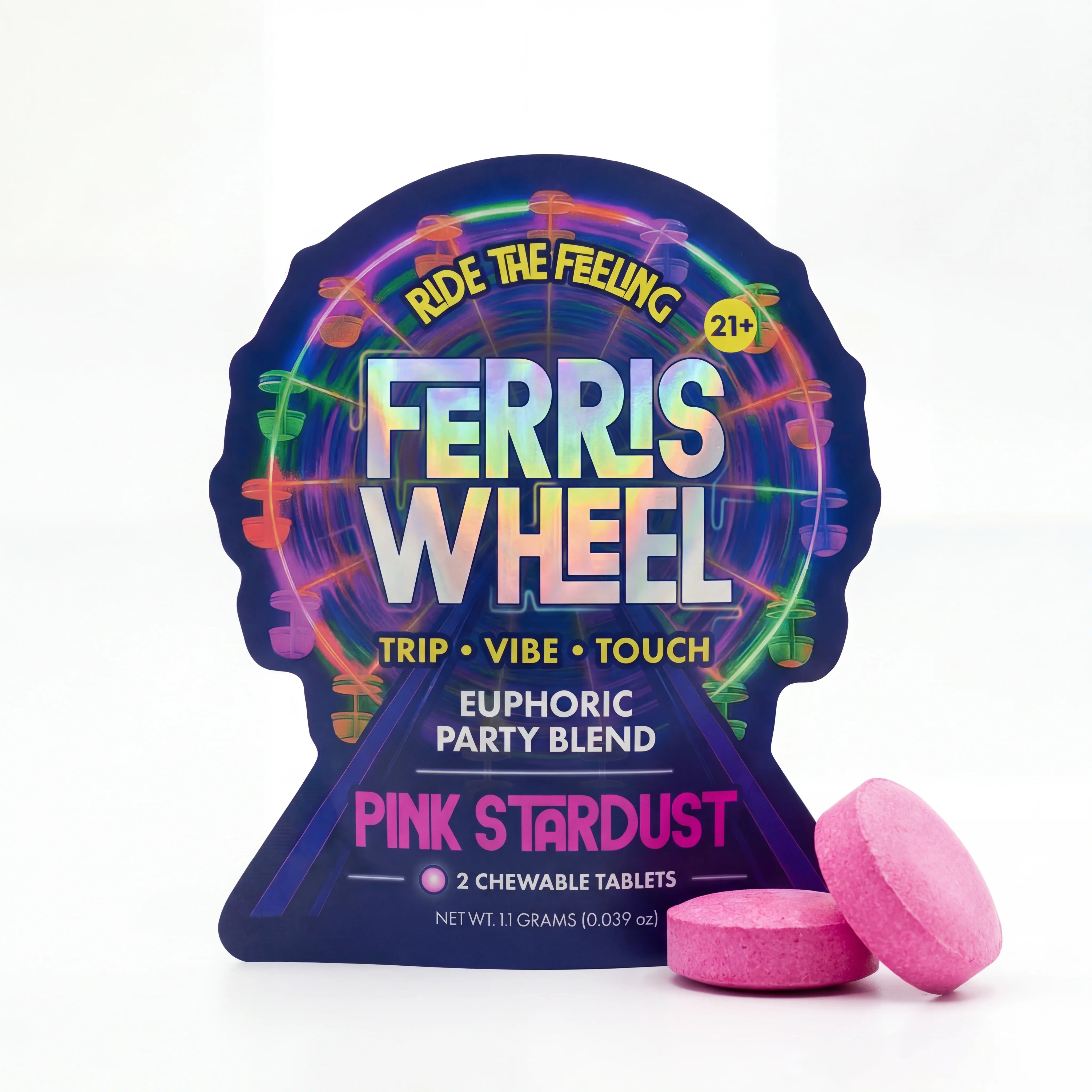Ferris Wheel Pink Stardust Kanna nootropic party blend tablet packaging with carnival ferris wheel graphic and pink themed design available at GoodCBD.