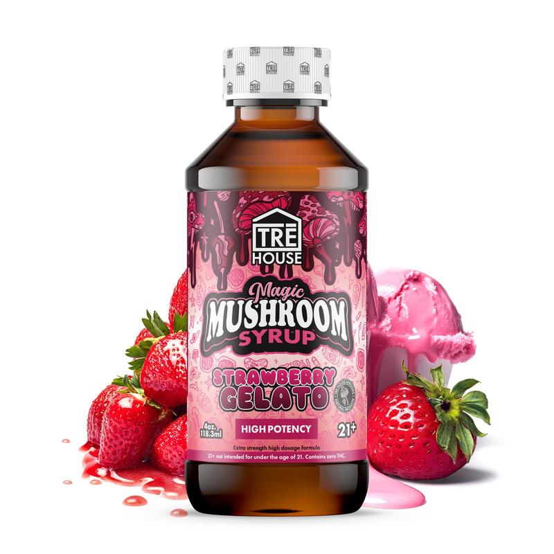 Tre House Strawberry Gelato Magic Mushroom Syrup – enjoy a creamy strawberry psychedelic journey."