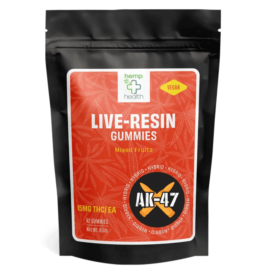 live resin delta 8 gummies with 15mg of live resin, Ak-47 hybrid strain THC extract.