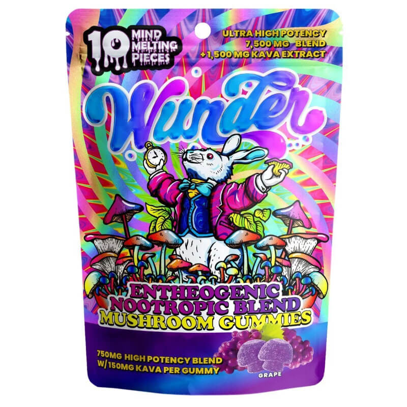 Front view of Wunderland's Magic Mushroom and Kava Gummies bag.