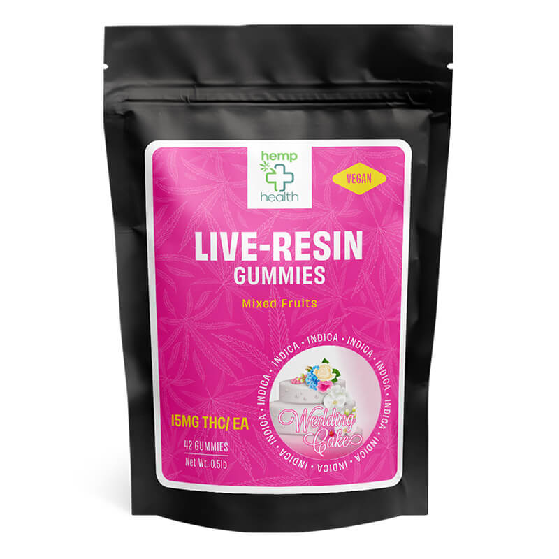Wedding Cake indica live resin gummies packaging front.
