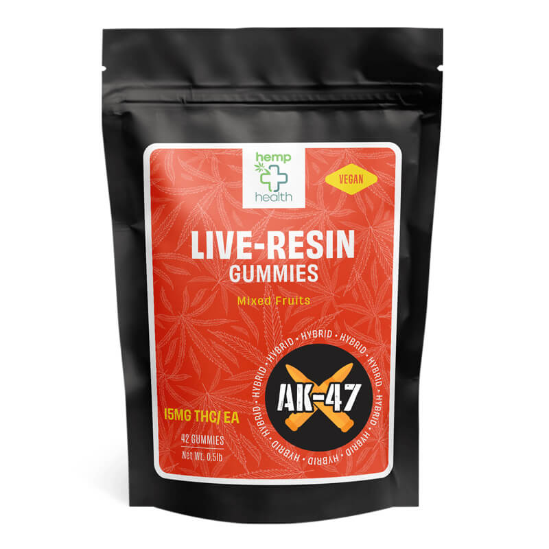 live resin delta 8 gummies with 15mg of live resin, Ak-47 hybrid strain THC extract.