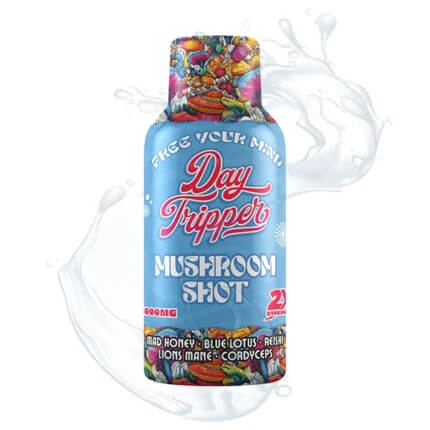Day Tripper Magic Mushroom Liquid, 60ml Bottle shown, has a fruity label and powerful nootropic mushroom infusion. It is THC-free and fast-acting.

