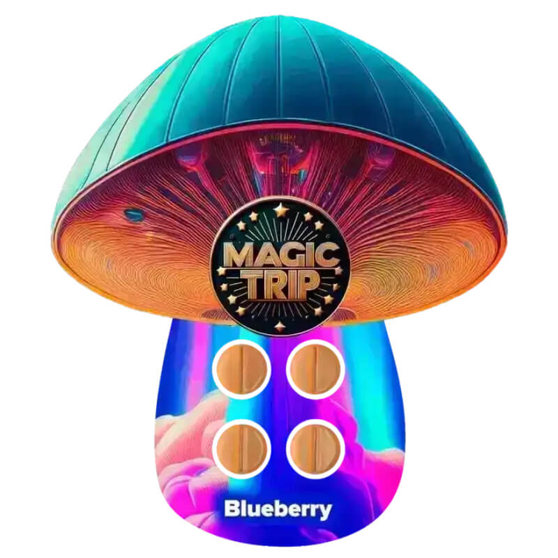 Magic Trip Mushroom Tabs Blueberry Flavor – 4ct Blister Pack Front.