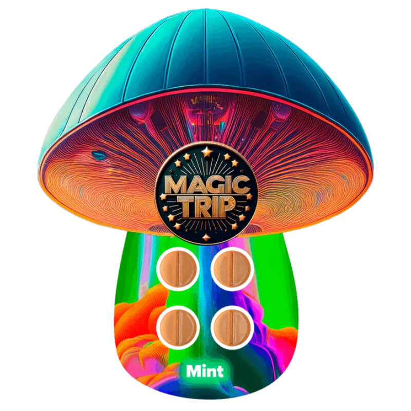 Magic Trip Mushroom Tabs Mint Flavor – 4ct Blister Pack Front.