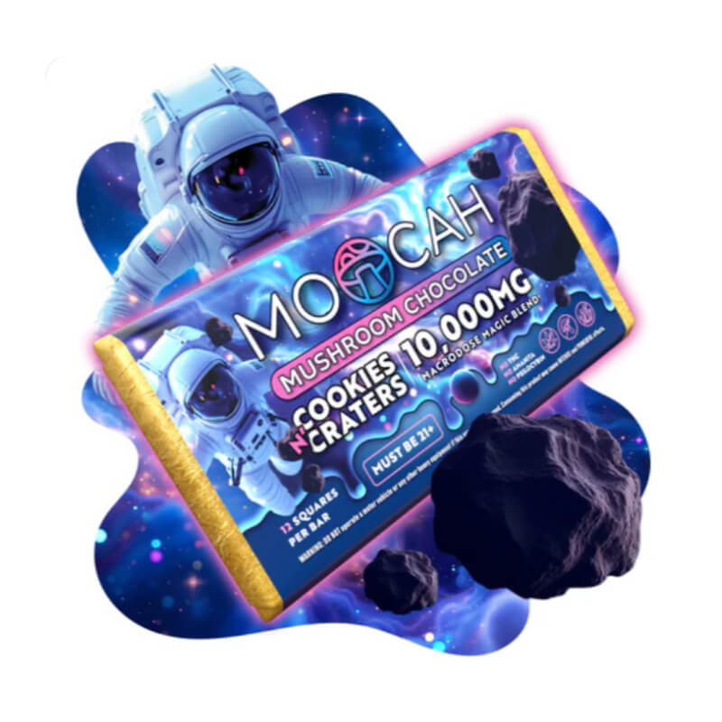 Moocah Cookies & Craters Magic Mushroom Chocolate Bar with 12 squares and chocolate cookie crumble infused with magic mushrooms.