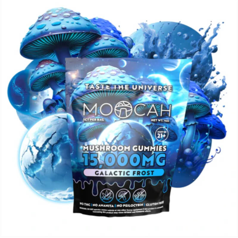 Moocah Galactic Frost Mushroom Gummies 15,000mg pack with icy mint cosmic design.