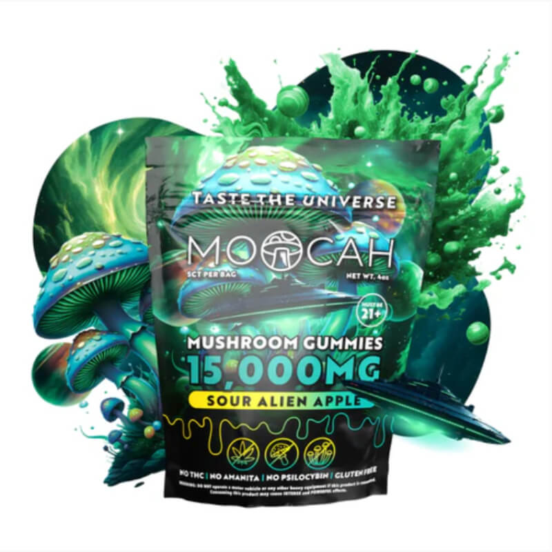 Moocah Sour Alien Apple Mushroom Gummies 15,000mg bag with cosmic green apple design.
