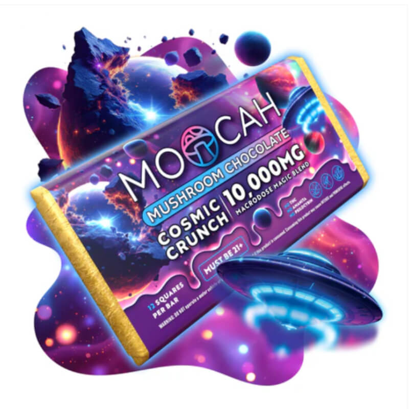 Moocah Cosmic Crunch Magic Mushroom Chocolate Bar with 12 squares and crispy rice texture, infused with a magic mushroom blend.
