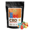 A bag of THC-Free CBD Gummies containing 130 gummy bears, displayed against a clean background. The clear bag showcases the colorful assortment of bear-shaped gummies.