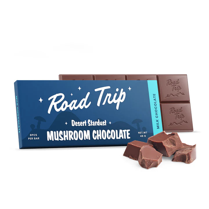  Road Trip Milk Chocolate Magic Mushroom Bar with creamy squares and vintage-inspired packaging.