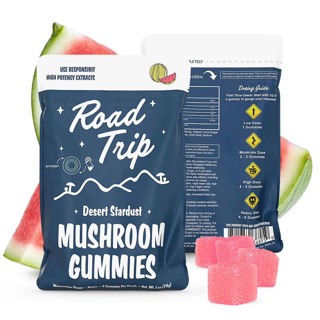Road Trip Desert Stardust Watermelon Mushroom Gummies 8-count pouch featuring a vegan THC-free blend of Turkey Tail, Lion's Mane, Cordyceps, Chaga, and nootropics available at Good CBD.