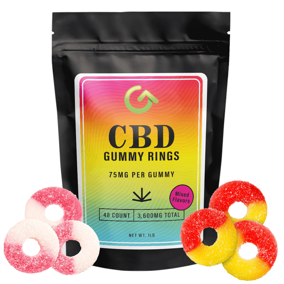 Photo of EXTRA strength CBD gummies, each containing 75mg CBD, emphasizing their high potency and effectiveness.
