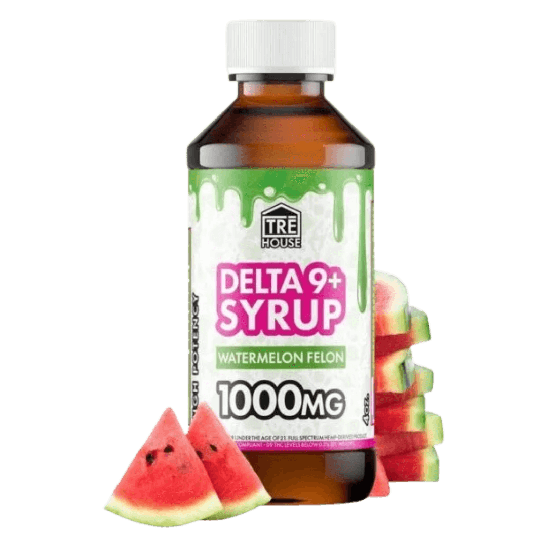 Trehouse 1000mg THC Syrup jar, Watermelon Felon flavored premium cannabis-infused syrup for potent and relaxing effects, perfect for enhancing beverages.
