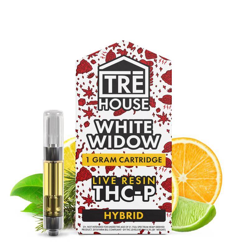 A product photo for Tre House white widow strain, 1g THC-P vape cart.