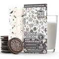 A picture of Tre House Cookies and Cream Mushroom Chocolate Bar on a textured background, showcasing the classic cookies and cream flavors blended with magic mushrooms for a unique sensory journey.