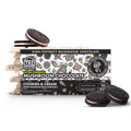 A picture of Tre House Cookies and Cream Mushroom Chocolate Bar on a textured background, showcasing the classic cookies and cream flavors blended with mushrooms for a unique sensory journey.