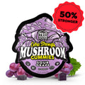Package of TRE House Sour Grape Mushroom Gummies surrounded by grapes and gummies. 