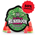 trehouse magic mushroom gummies that are watermelon flavored and come with 10 gummies per pack.
