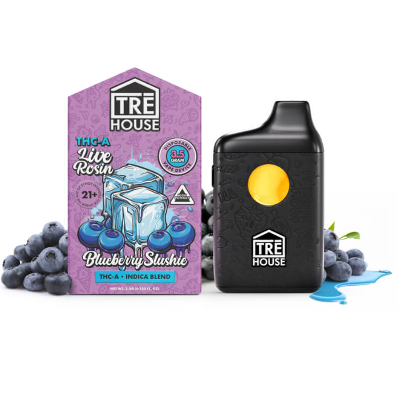 This is a photo render of Tre house 3.5g Blue Slushie Indica, THC-A Live Rosin disposable vape cart that has pre-heat push-button technology. 