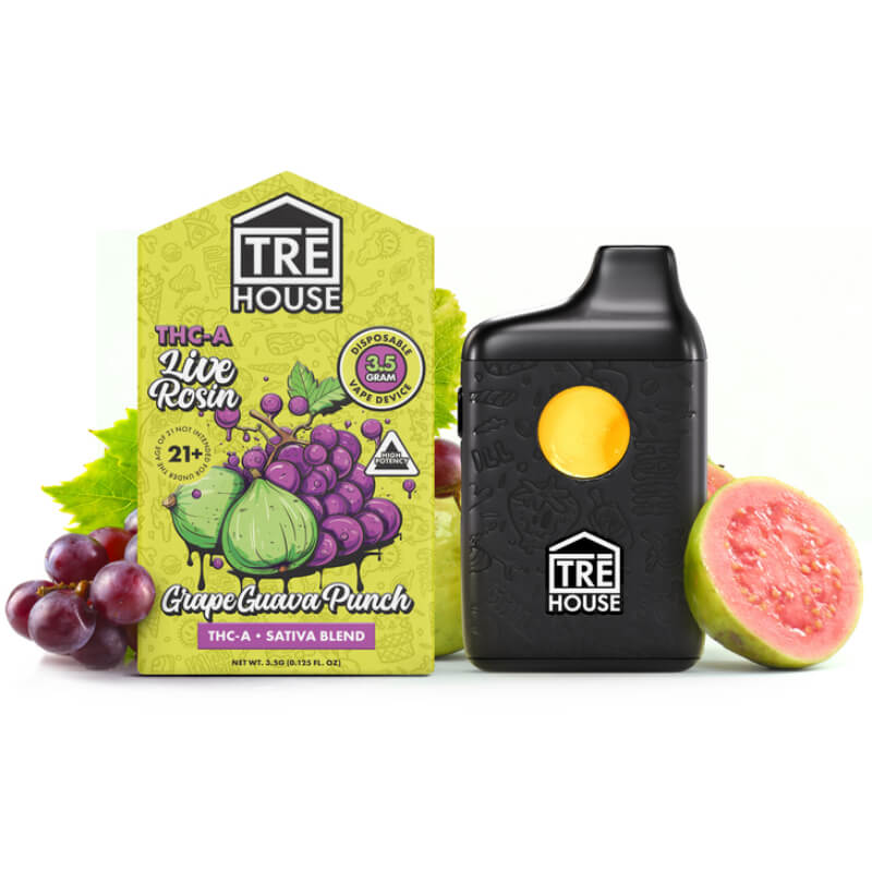 This is a photo render of Tre House 3.5g Grape Guava, THC-A Live Rosin disposable vape cart which has pre-heat push-button technology. 