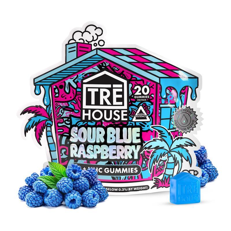 Sour Blue Raspberry Delta 9 + HHC Gummies jars have bold packaging and juicy flavor, made from real fruit juice.