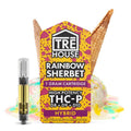 A photo render of Tre House's Rainbow Sherbert strain, THC-P vape cart that comes with 1 g of Hybrid extract per cart. 